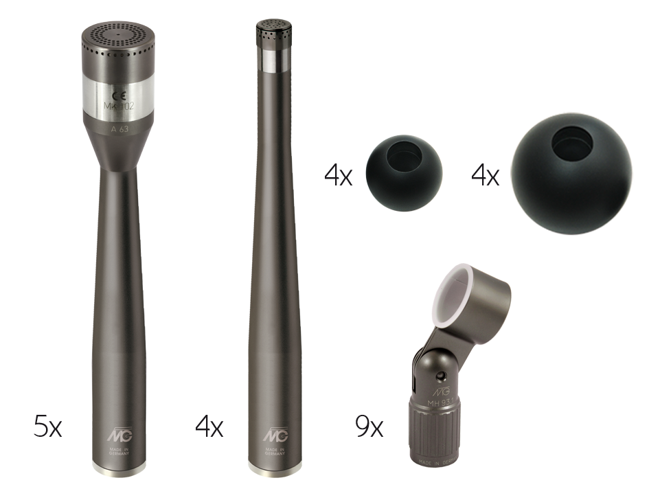 Mikrofonsystem für 3D-Array 9.0, bestehend aus 5 Mikrofonen M 102 und 4 Mikrofonen M 221 mit Mikrofonhaltern MH 93.1, 4 Kugelaufsätzen KA 3 und 4 Kugelaufsätzen KA 4 im Aluminiumkoffer 450 mm x 350 mm x 160 mm dunkel bronze